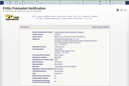 BABIO asigură autorizarea FDA 510(k) din S.U.A. pentru kitul său de transport viruși (neinactivator)